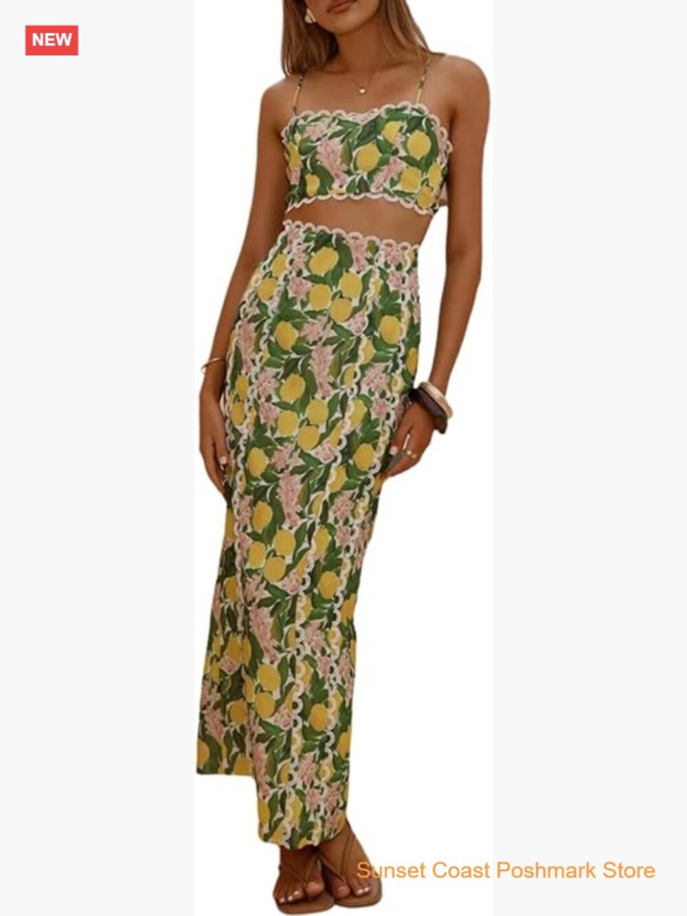 Women's 2 Piece Outfit Floral Print Backless Cami Top and High Waisted Maxi